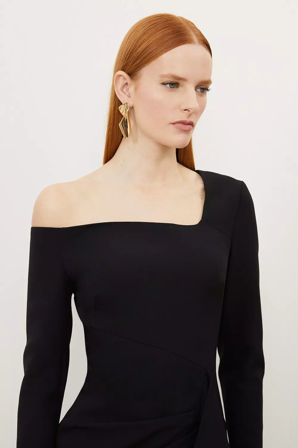 Stretch Crepe Asymmetric Neckline Draped Midi Dress | Karen Millen