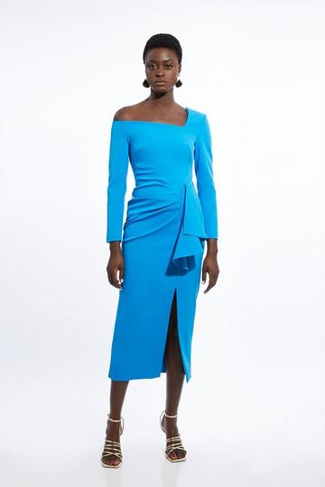 Blue Stretch Crepe Asymmetric Neckline Draped Midi Dress