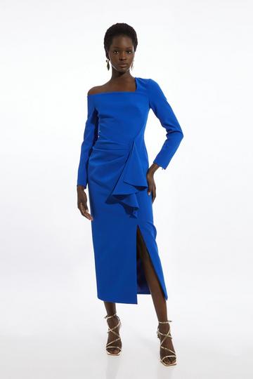 Stretch Crepe Asymmetric Neckline Draped Maxi Dress cobalt