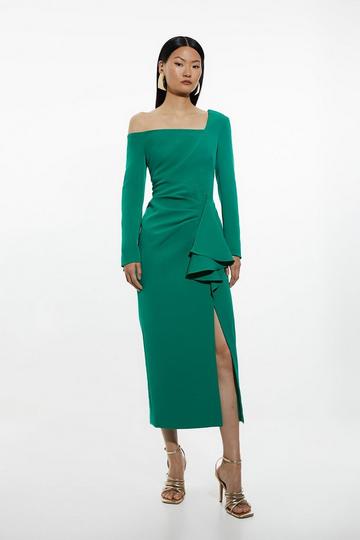 Green Stretch Crepe Asymmetric Neckline Draped Maxi Dress