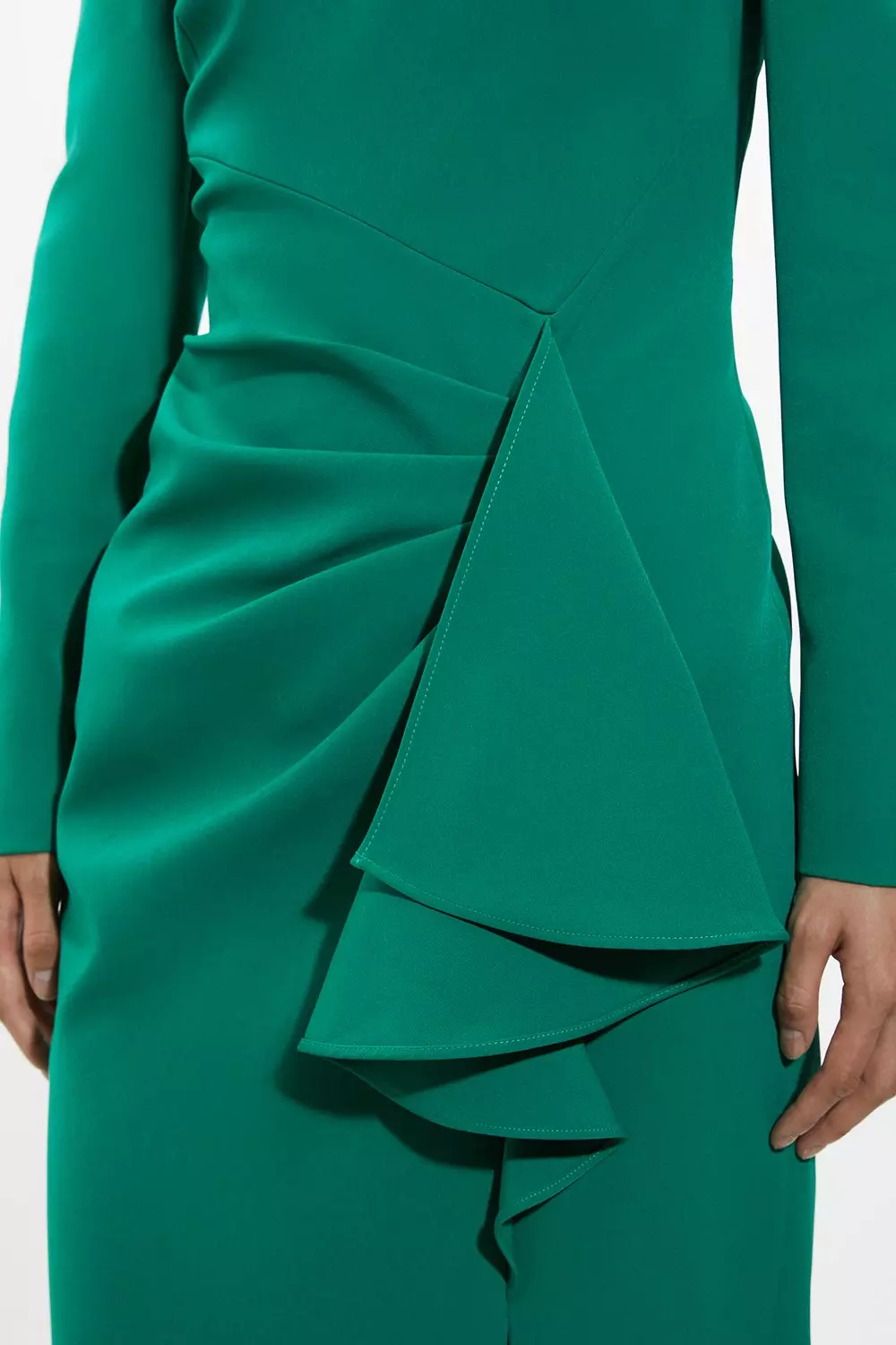 Stretch Crepe Asymmetric Neckline Draped Midi Dress | Karen