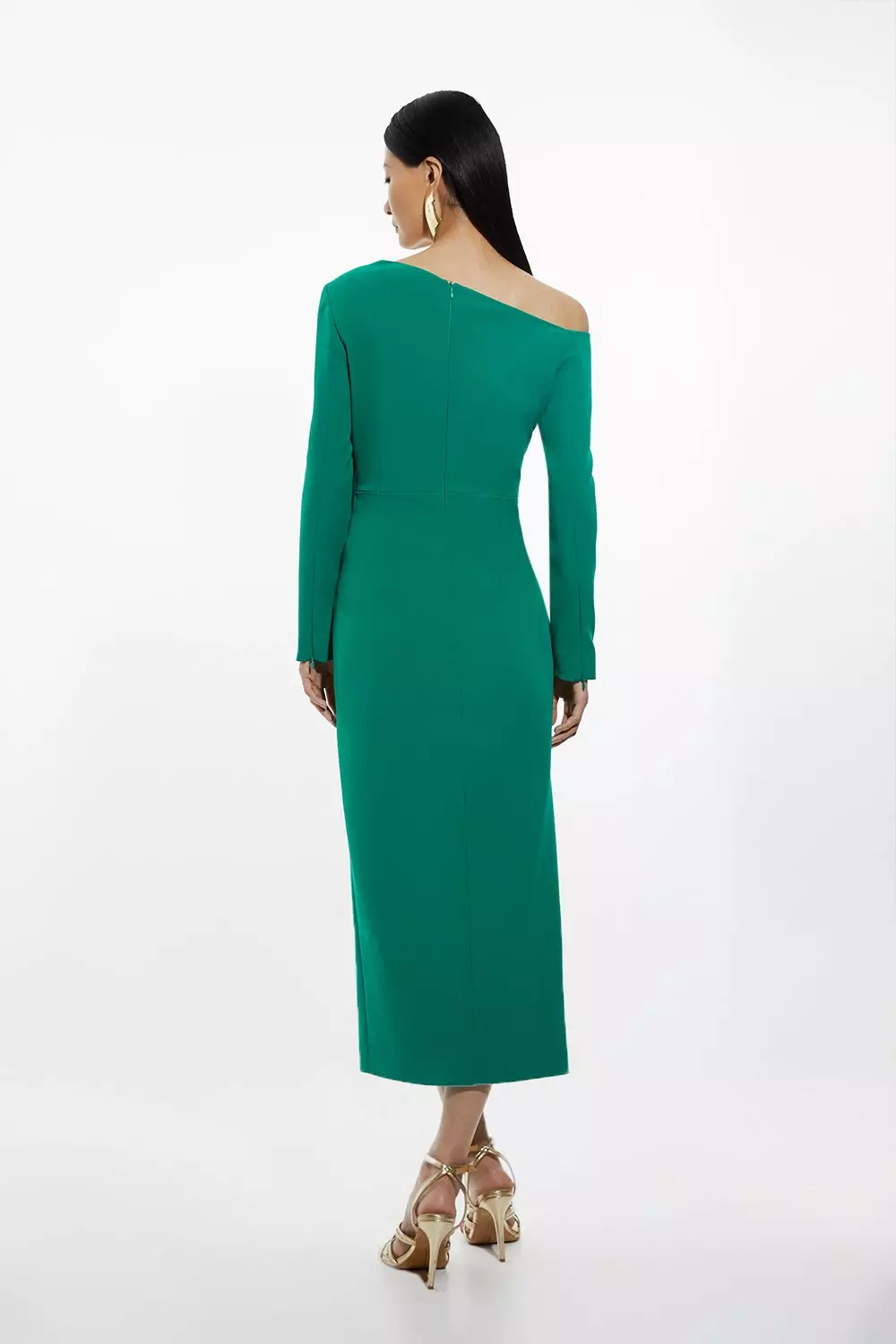 Stretch Crepe Asymmetric Neckline Draped Midi Dress | Karen