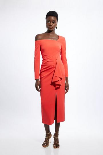 Red Stretch Crepe Asymmetric Neckline Draped Midi Dress