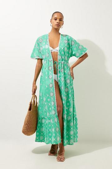 Green Cotton Broderie Beach Kimono