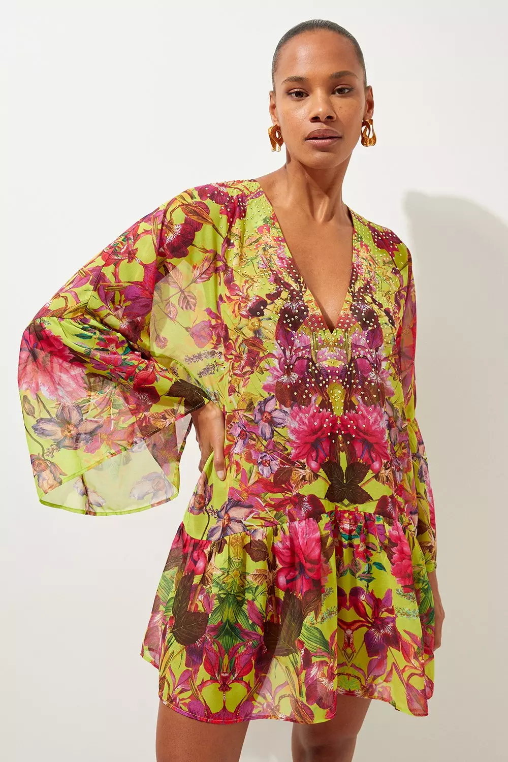 Floral print plunge kimono dress best sale