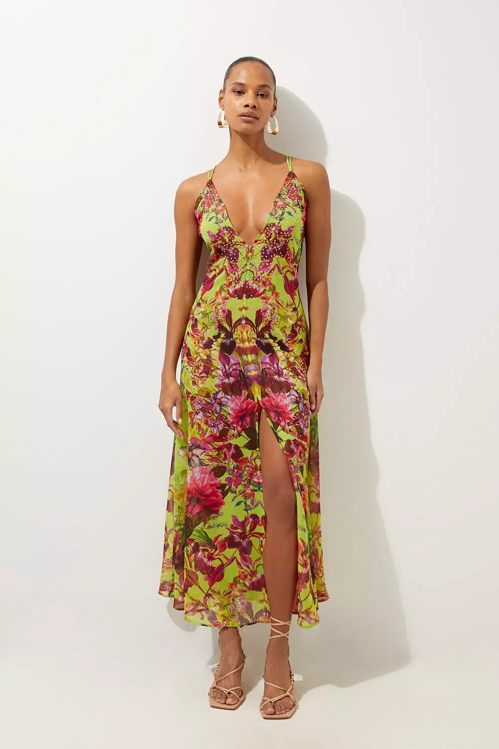 【KAREN MILLEN】ビーチ フローラルビーチ スリップドレス Petite Beach Off The Shoulder Woven Maxi Dress | Karen Millen