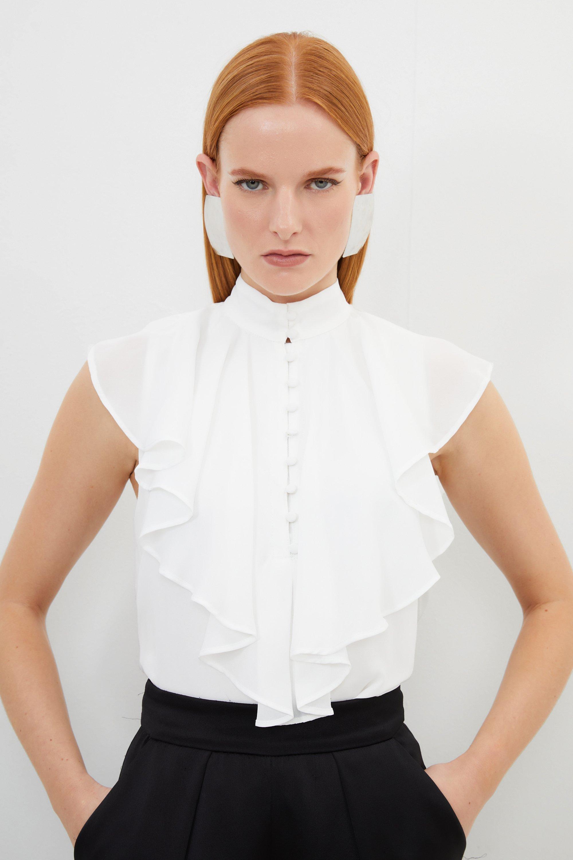 Georgette Ruffle High Neck Woven Blouse | Karen Millen