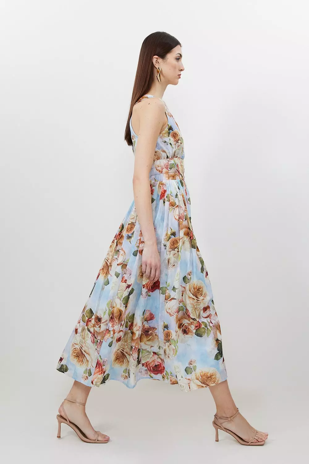 Silk Cotton Rose Print Plunge Woven Maxi Dress | Karen Millen