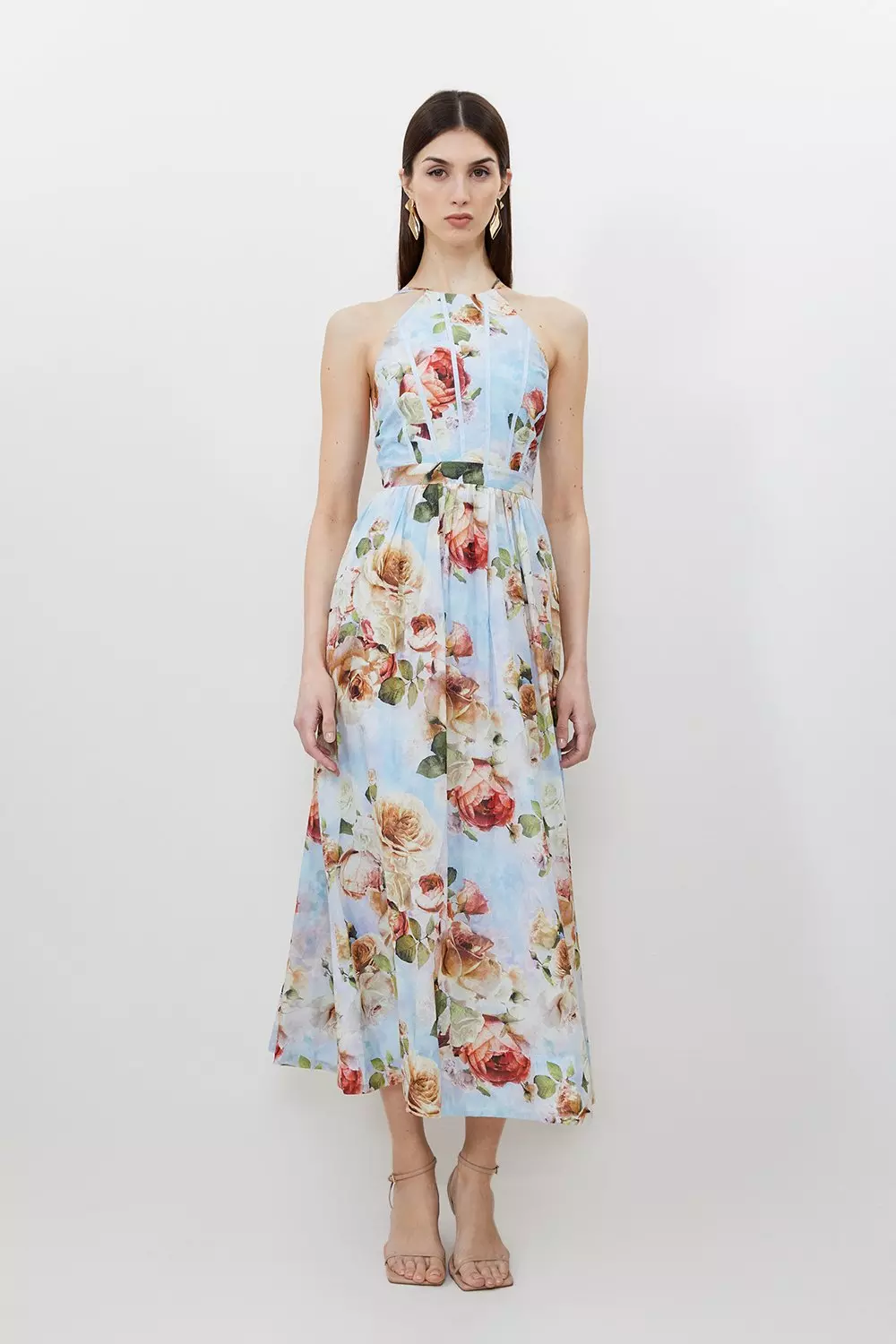 Silk Cotton Rose Print Halter Woven Maxi Dress Karen Millen