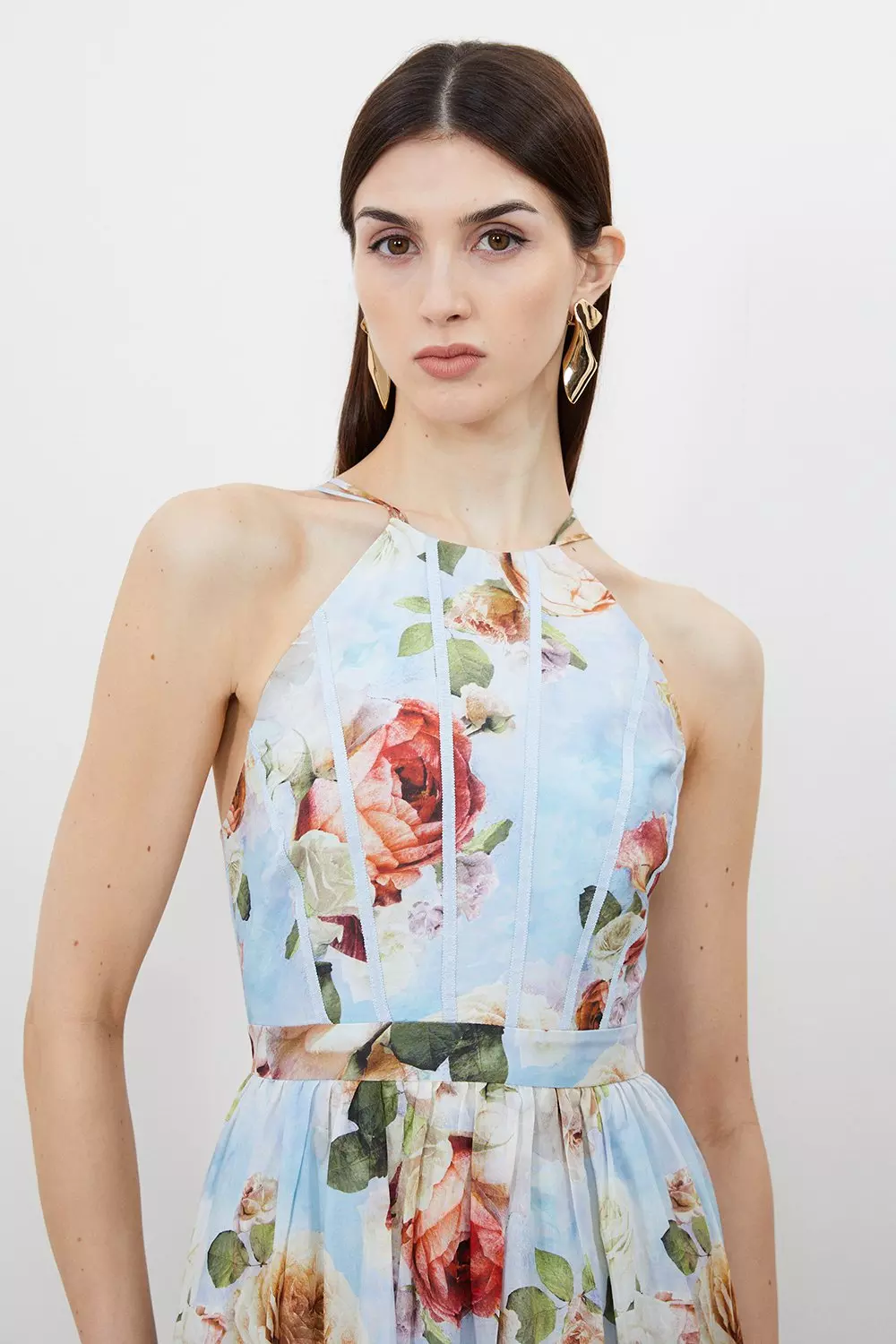 Silk Cotton Rose Print Halter Woven Maxi Dress | Karen Millen