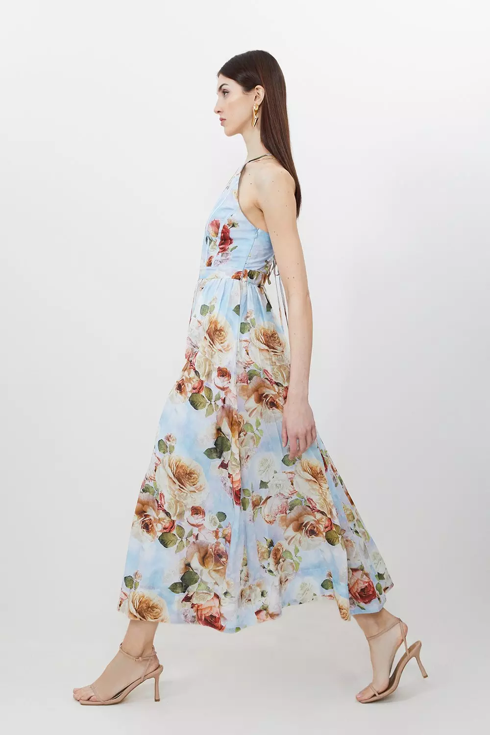 Silk Cotton Rose Print Halter Woven Maxi Dress | Karen Millen