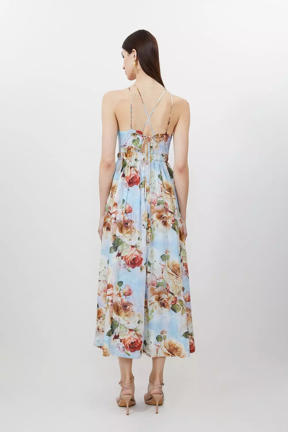 【Karen Millen】Rose Print ハイネックマキシドレス ※送料込 Silk Cotton Rose Print Halter Woven Maxi Dress | Karen Millen