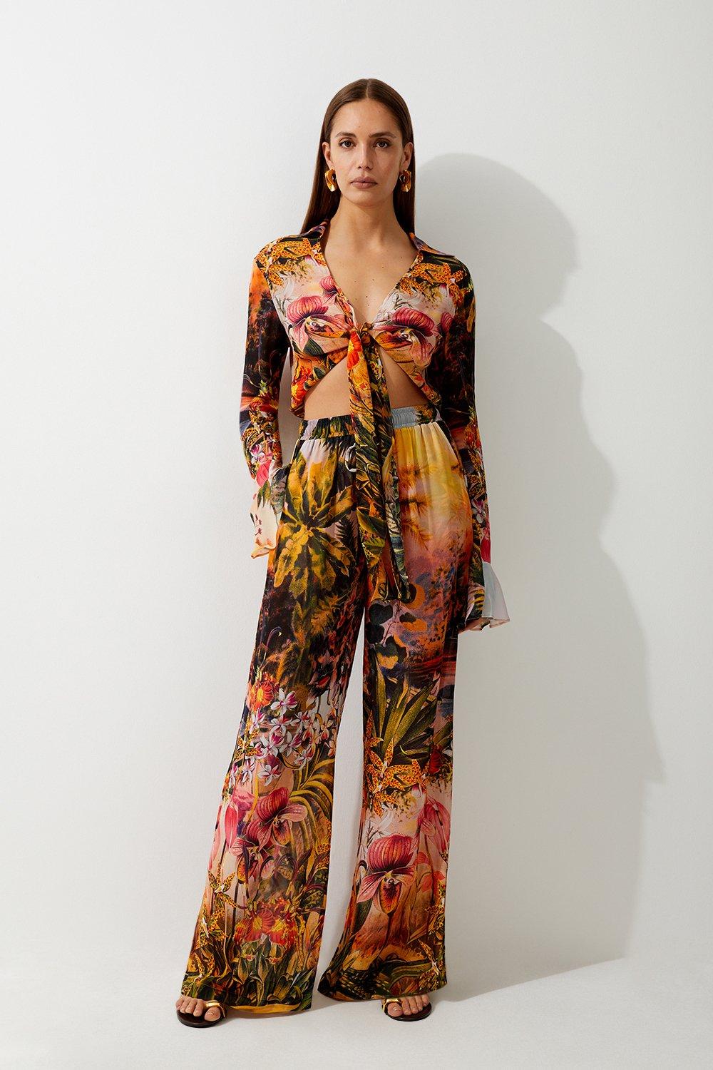 Floral Placed Print Viscose Georgette Beach Pants