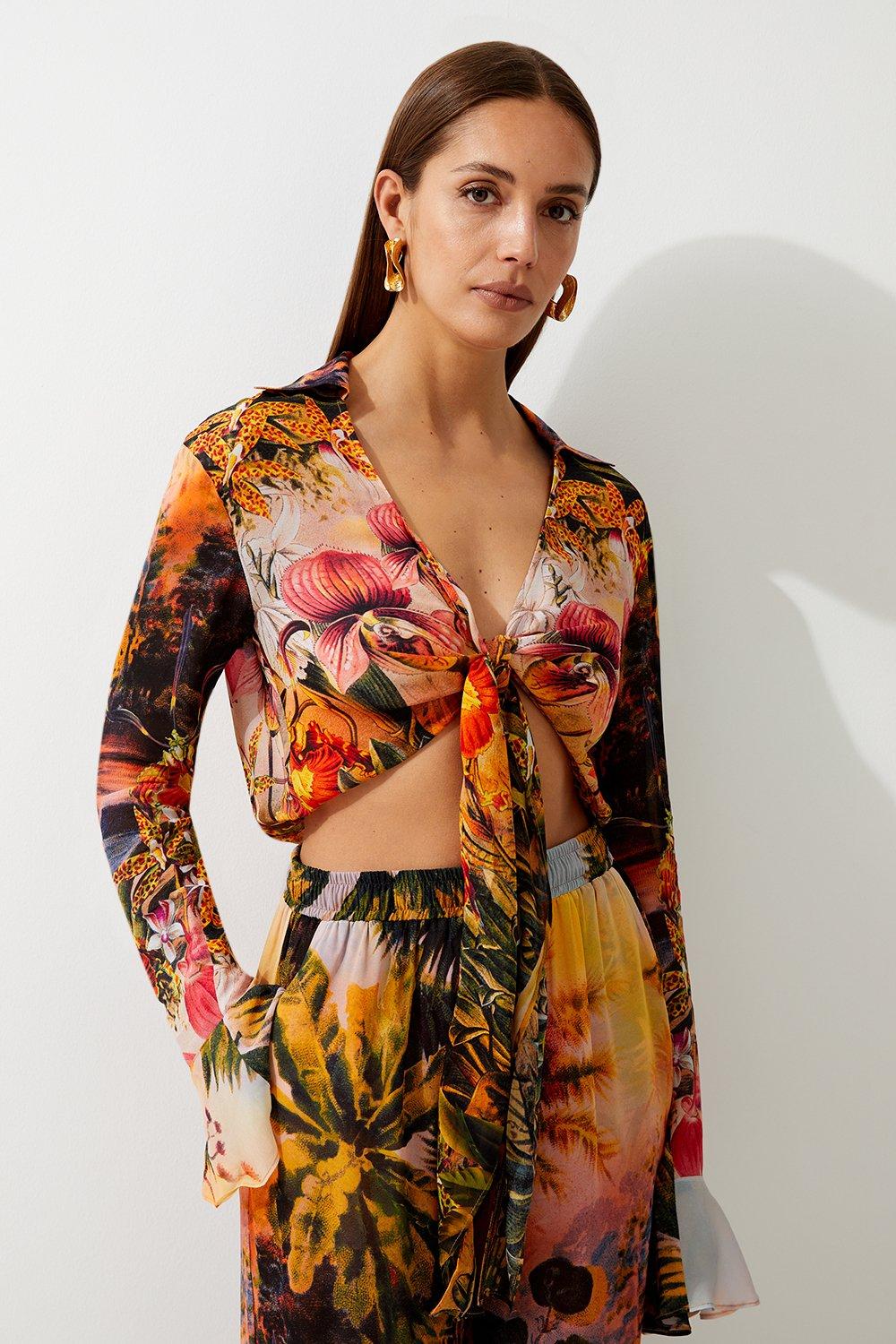 Floral Placed Print Viscose Georgette Beach Wrap Top