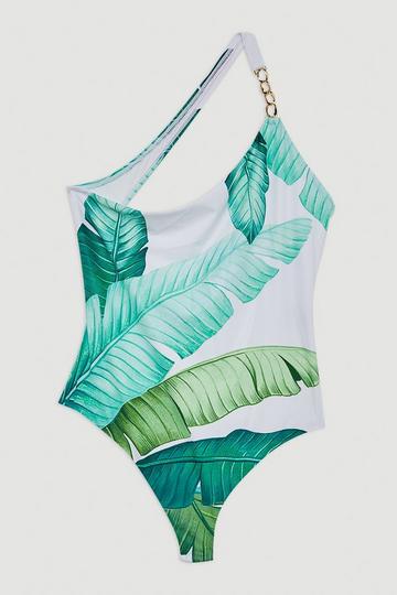 Palm Print One Shoulder Cut Out Swimsuit multi