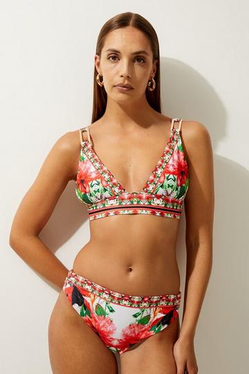 Mirror Floral Print Trim Detail Bikini Top multi