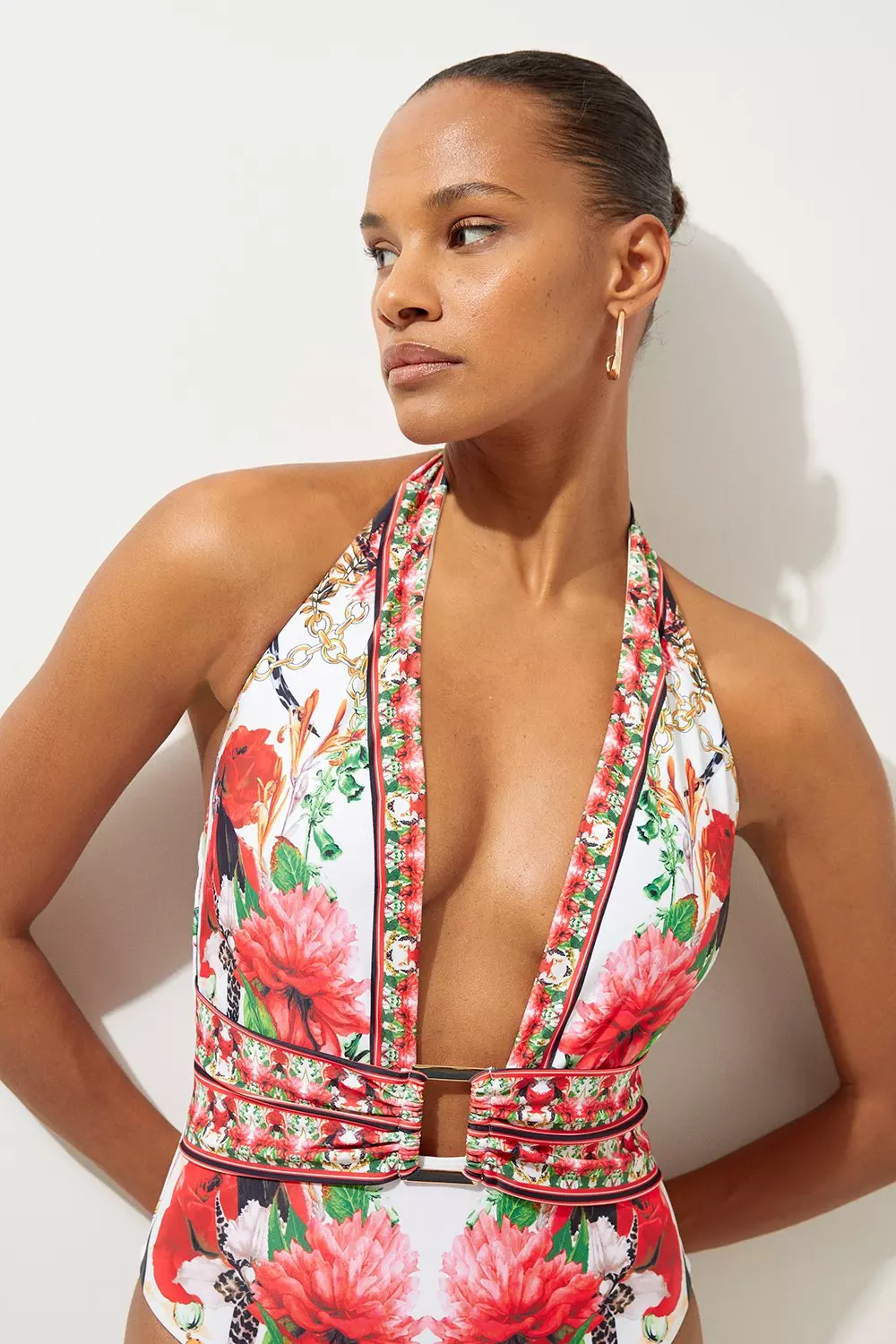 安心追跡【KAREN MILLEN】ストレッチ素材プリーツミニワンピ Mirror Floral Print Plunge Swimsuit | Karen Millen