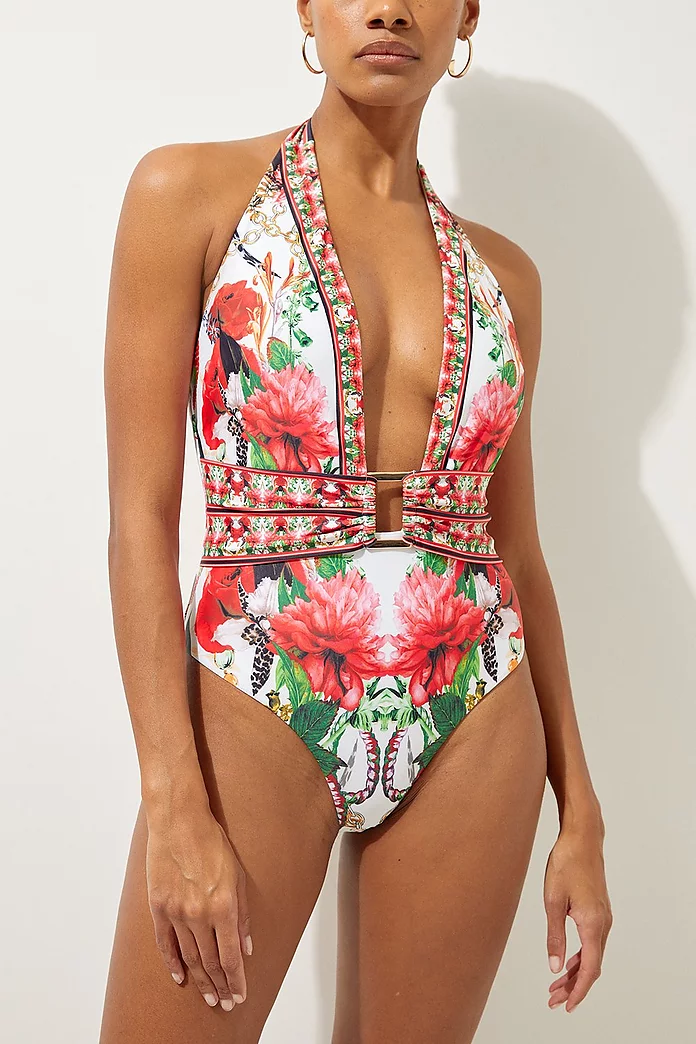 Mirror Floral Print Plunge Swimsuit | Karen Millen Mirror Floral Print Plunge Swimsuit | Karen Millen