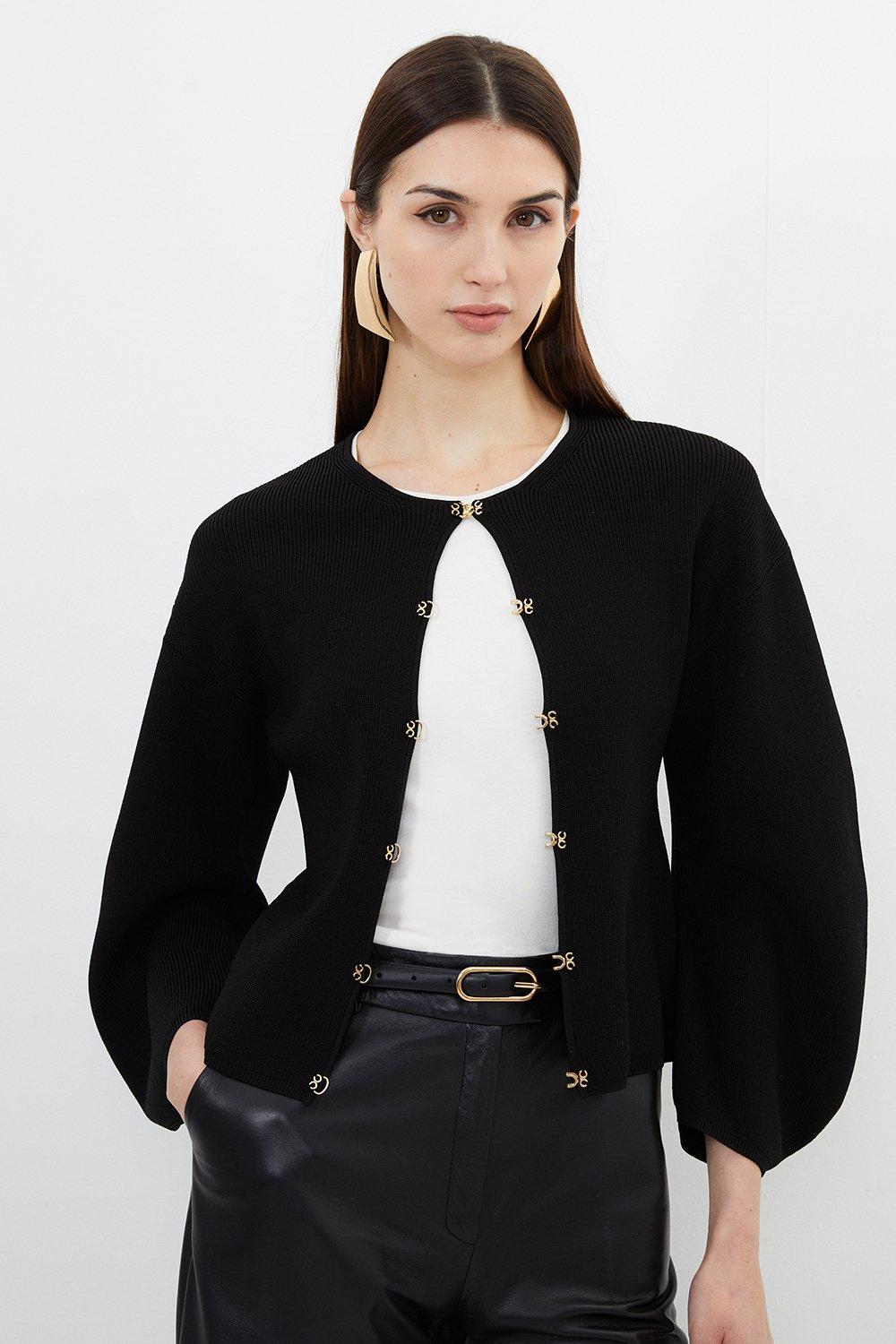 Rib Knit Rounded Sleeve Hook & Eye Detail Cardigan | Karen Millen