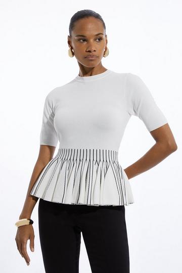 Cream White Viscose Blend Rib Knit Peplum Top