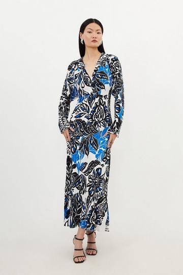 Multi Floral Printed Morocain Woven Collared Midaxi Dress