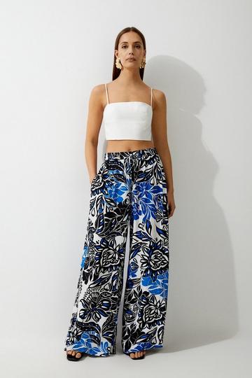 Floral Printed Morocain Woven Wide Leg Trousers floral