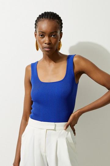 Viscose Blend Rib Knit Square Neck Tank Top cobalt