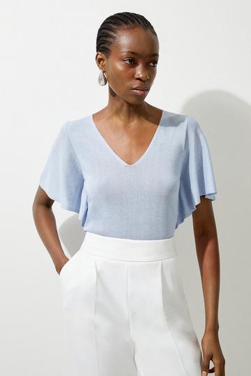 Blue Lightweight Viscose Blend Summer Knit Angel Sleeve Top