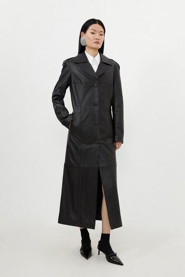 Leather Tailored Midaxi Trench Coat black