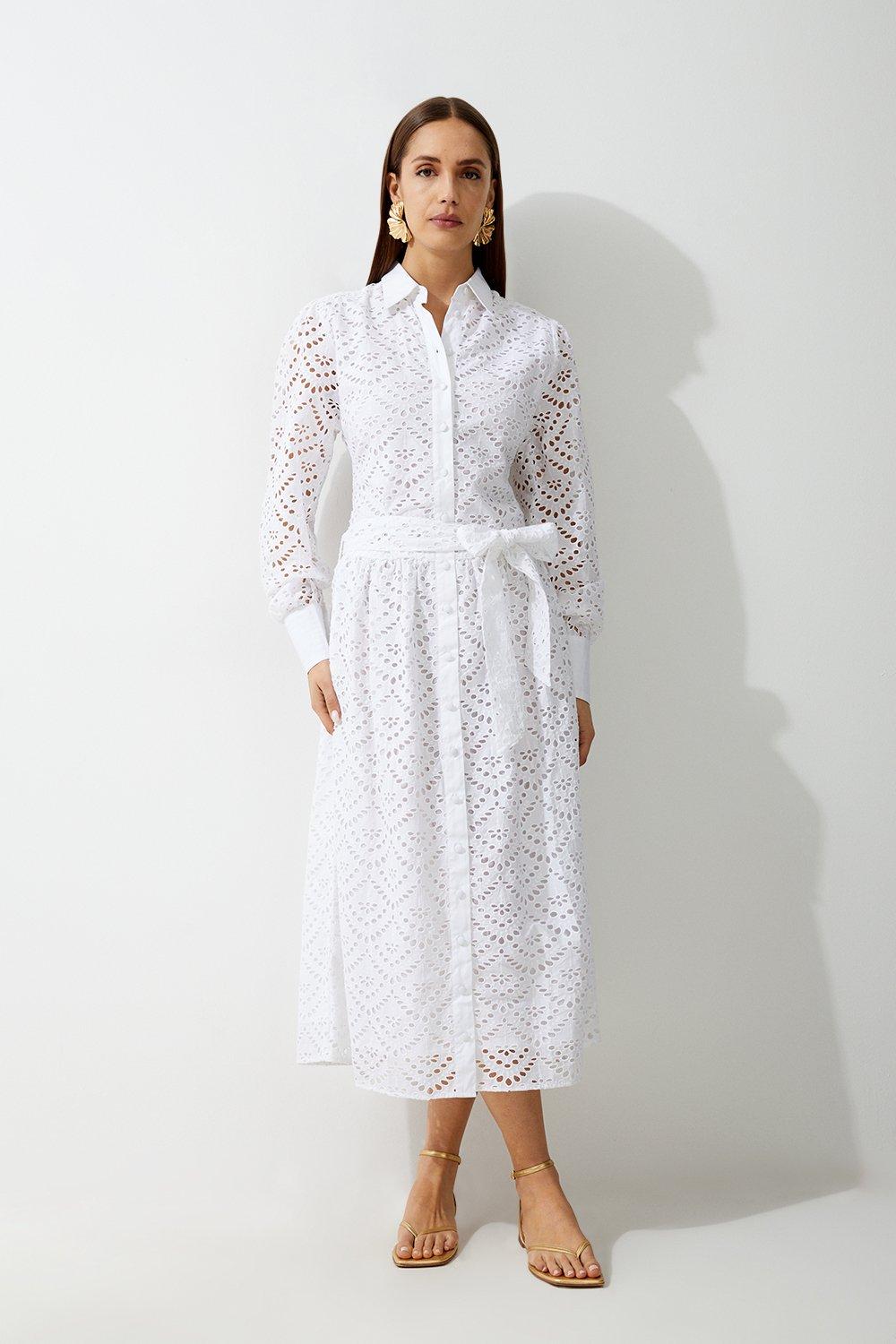 White Cotton Eyelet Long Sleeve Woven Maxi Dress