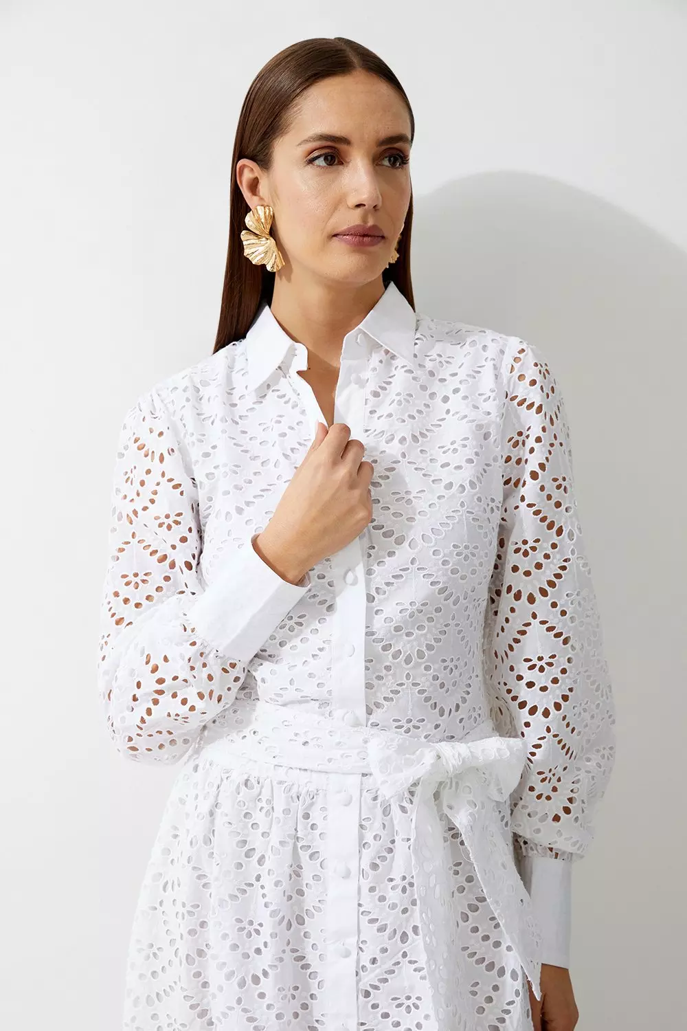 White Cotton Broderie Woven Midi Shirt Dress alternative image