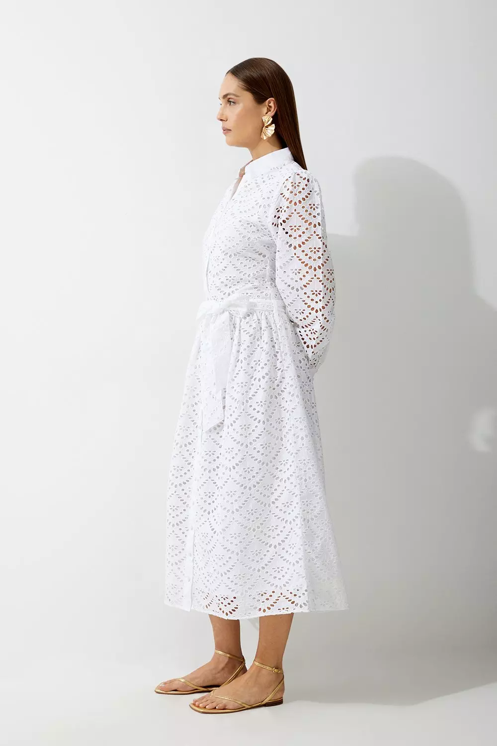 White Cotton Broderie Woven Midi Shirt Dress alternative image