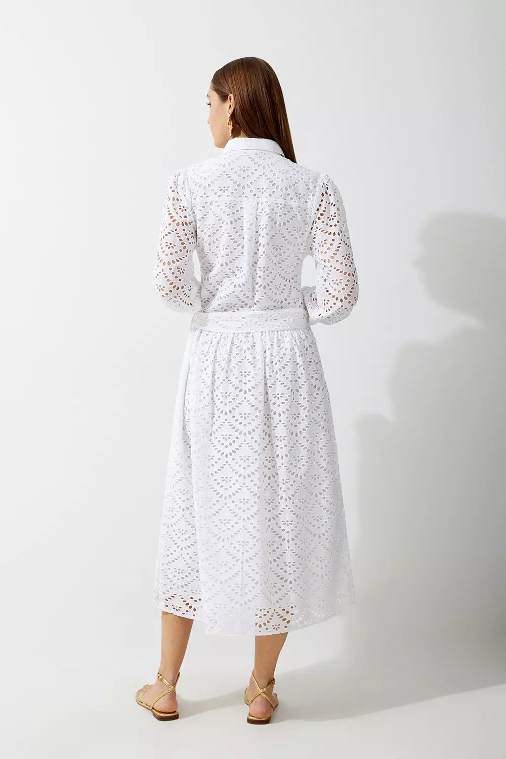 White Cotton Broderie Woven Midi Shirt Dress alternative image