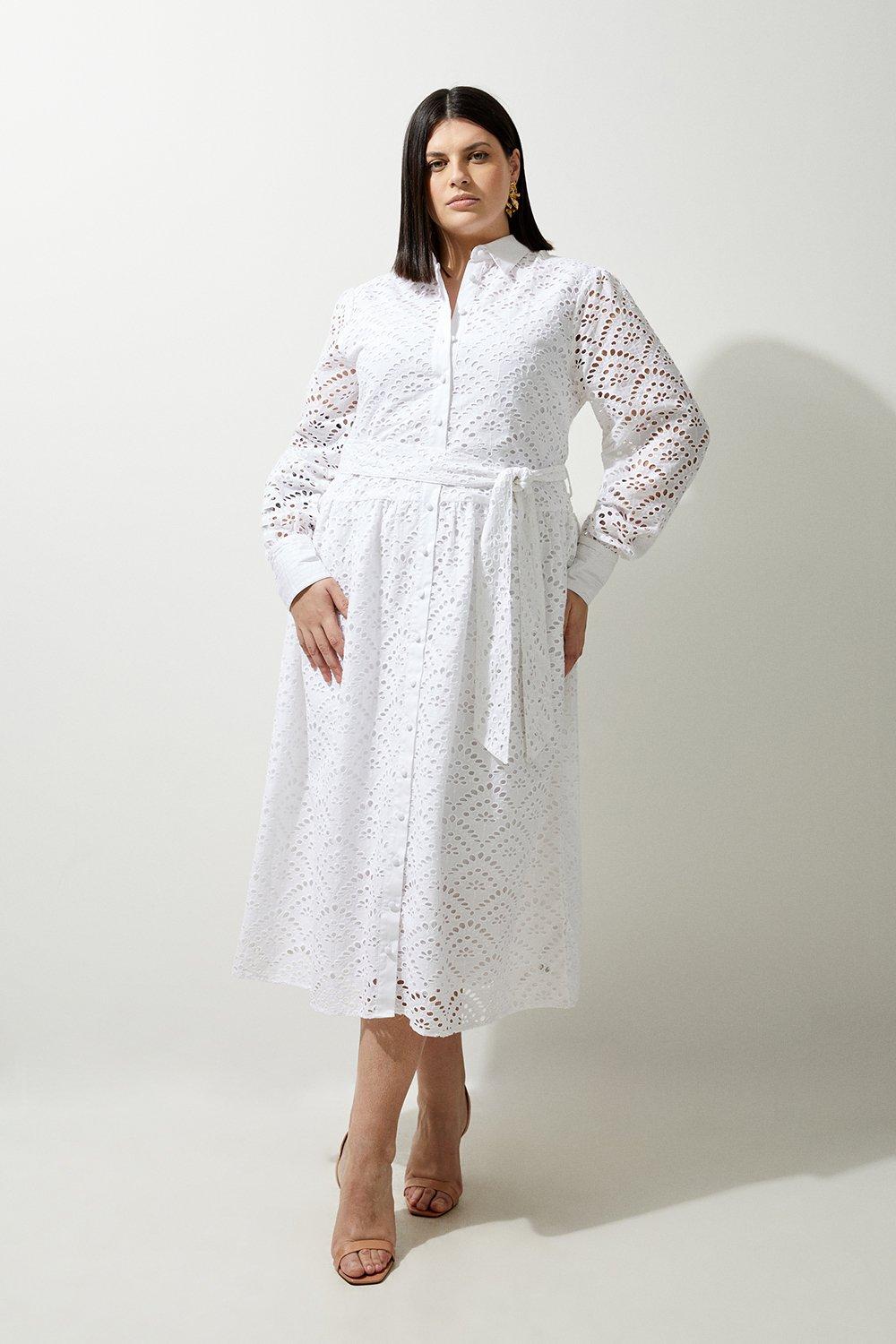 Plus Size Cotton Eyelet Long Sleeve Woven Maxi Dress | Karen Millen