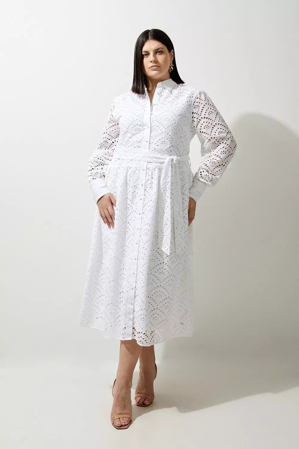 Karen Millen White Long store Sleeve Lace Cut Out Button Front Cotton Midi Dress