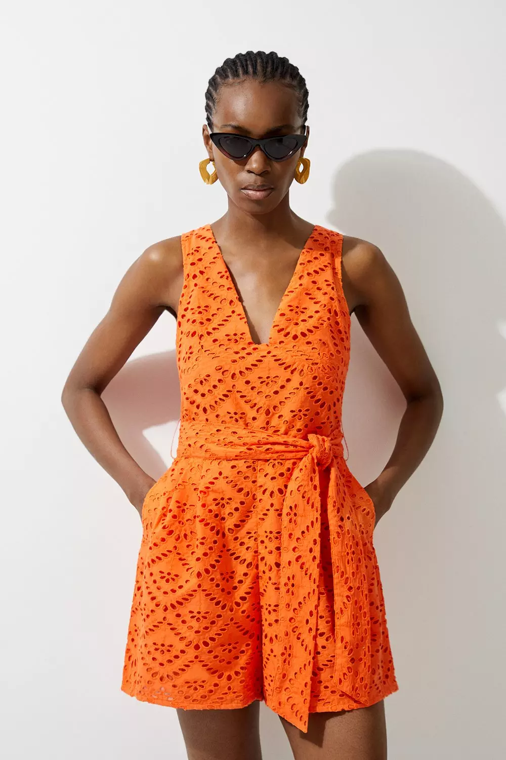 Orange Cotton Eyelet Woven Tie Waist Romper alternative image