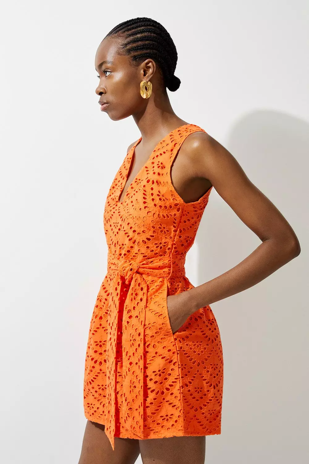 Orange Cotton Eyelet Woven Tie Waist Romper alternative image