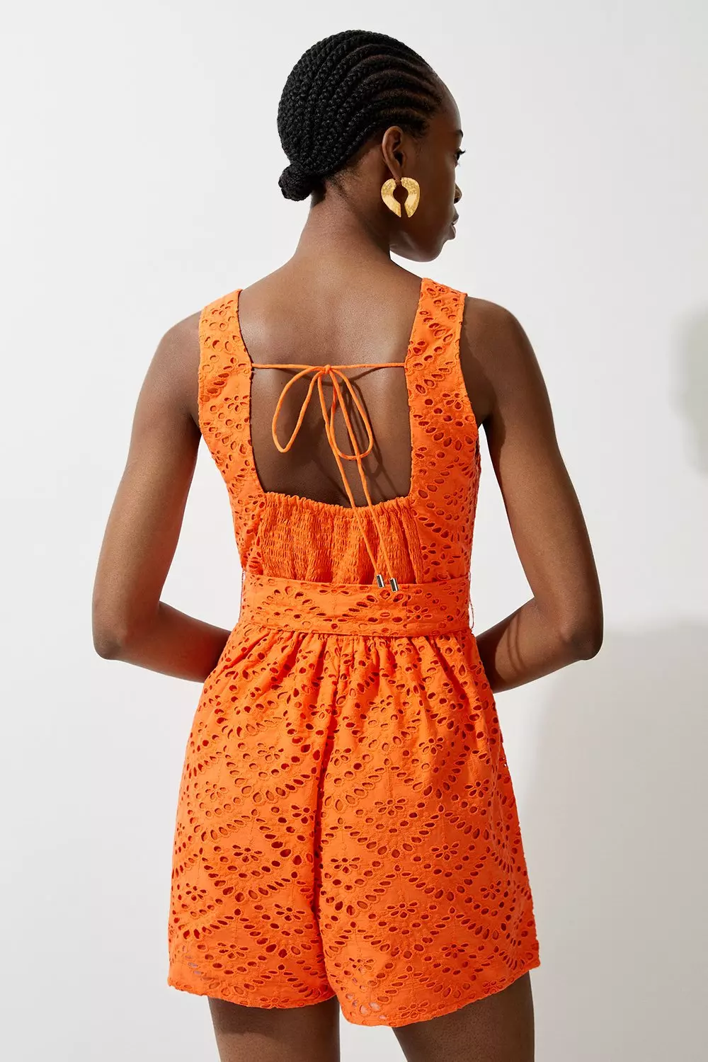 Orange Cotton Eyelet Woven Tie Waist Romper alternative image