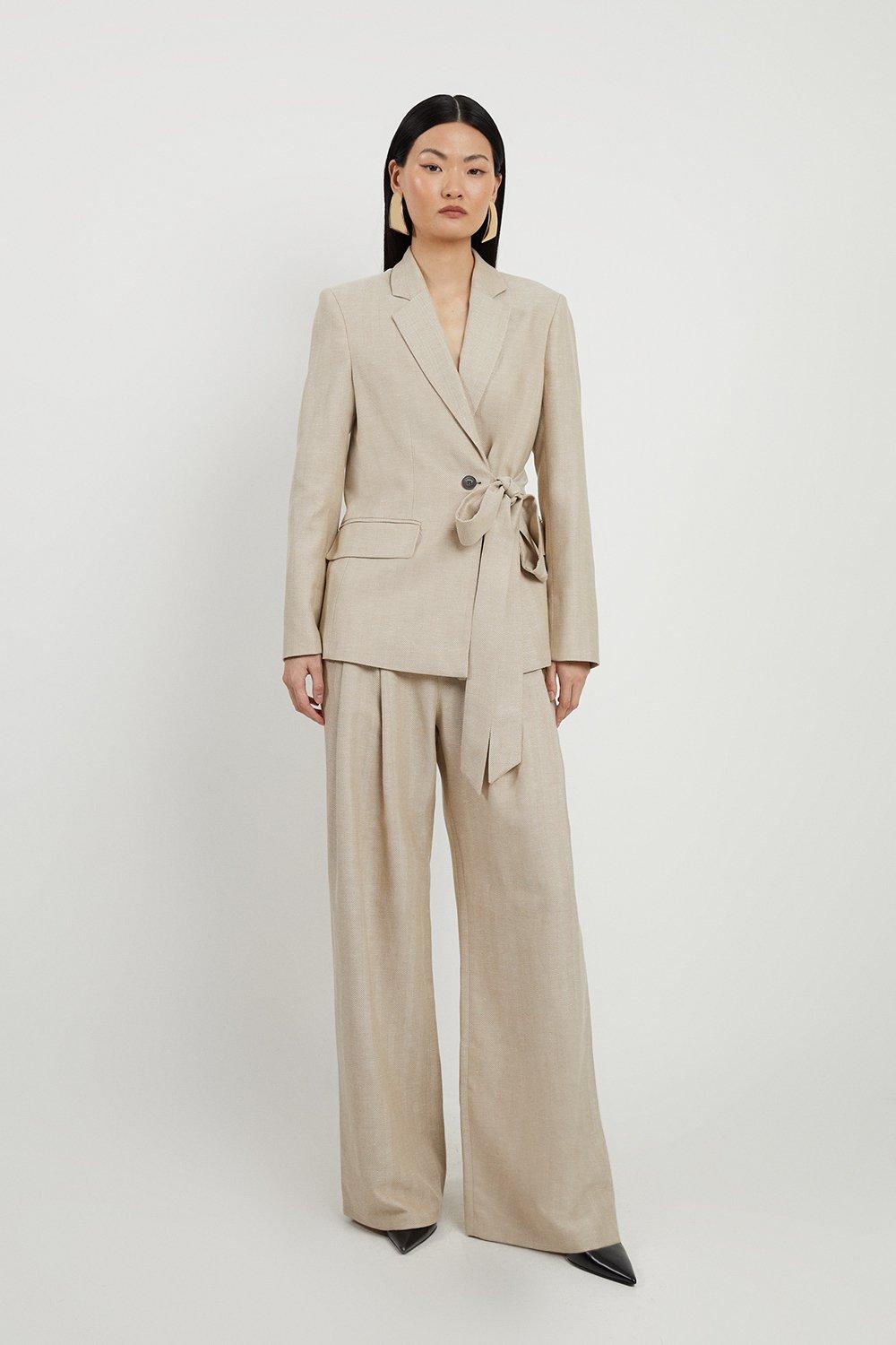 Natural Premium Herringbone Linen Tailored Darted Straight Leg Trousers