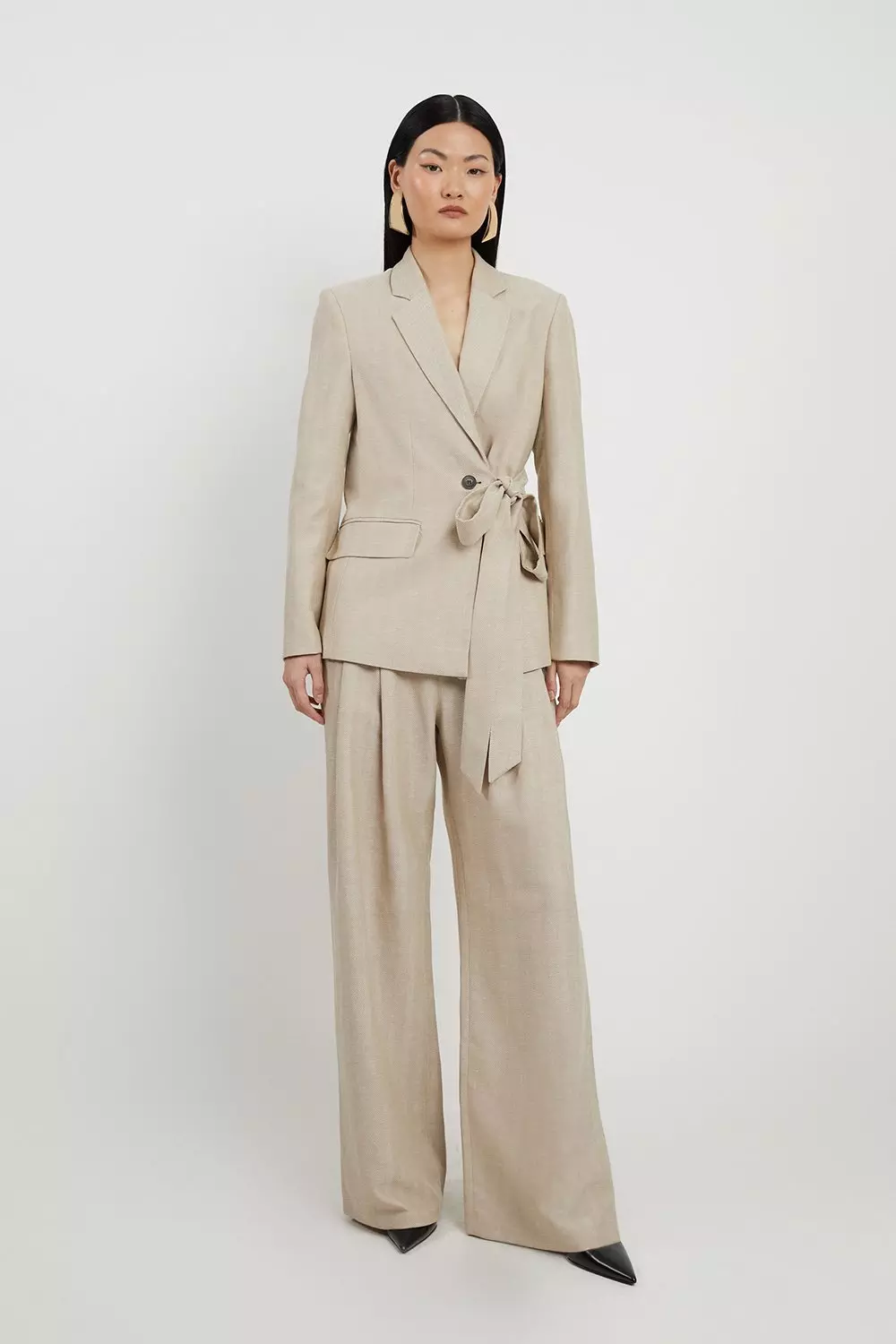 Premium Herringbone Linen Tailored Darted Straight Leg Pants | Karen Millen