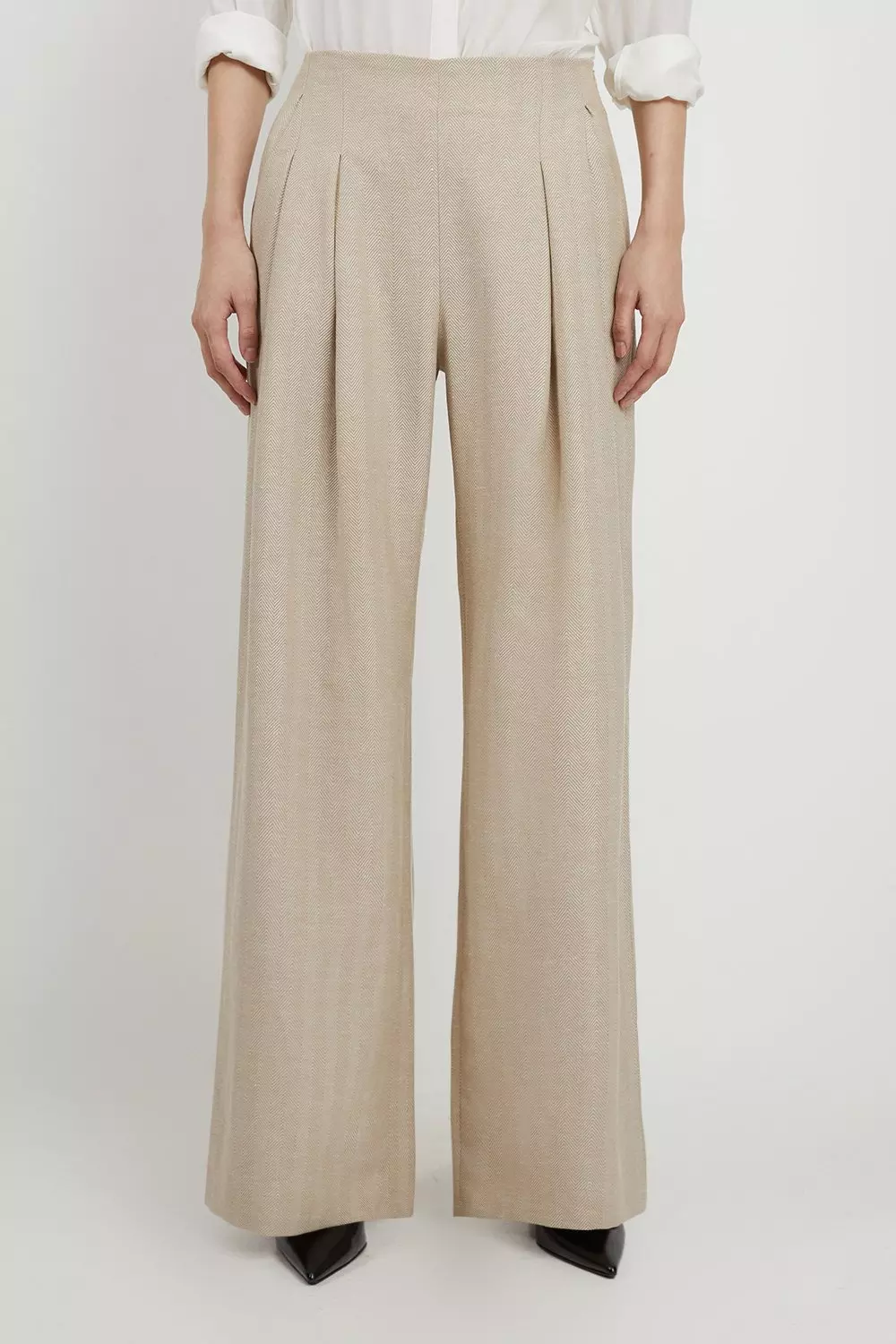 Premium Herringbone Linen Tailored Darted Straight Leg Trousers | Karen  Millen