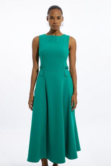 Emerald Green Compact Stretch Tab Waist Detail Full Skirt Midi Dress