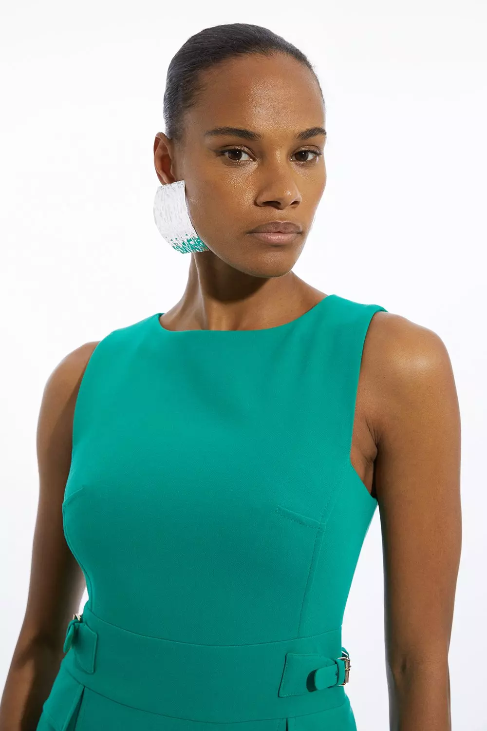 Compact Stretch Tab Waist Detail Full Skirt Midi Dress