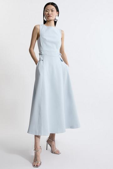 Compact Stretch Tab Waist Detail Full Skirt Midi Dress pale blue