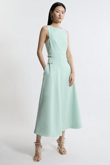 Compact Stretch Tab Waist Detail Full Skirt Midi Dress sage