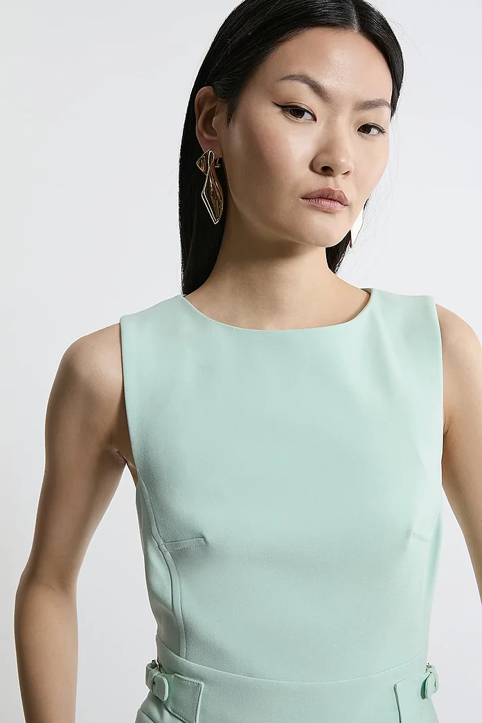 Compact Stretch Tab Waist Detail Full Skirt Midi Dress Compact Stretch Tab Waist Detail Full Skirt Midi Dress