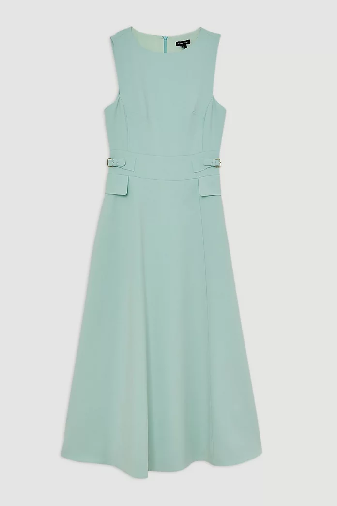 Compact Stretch Tab Waist Detail Full Skirt Midi Dress Compact Stretch Tab Waist Detail Full Skirt Midi Dress