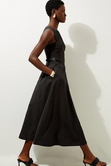 Black Premium Linen Tab Waist Detail Full Skirt Tailored Midi Dress