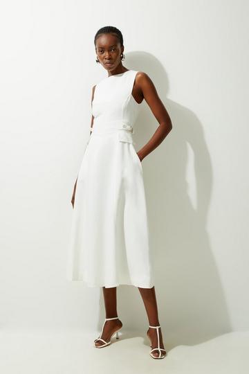 Premium Linen Tab Waist Detail Full Skirt Tailored Midi Dress ivory