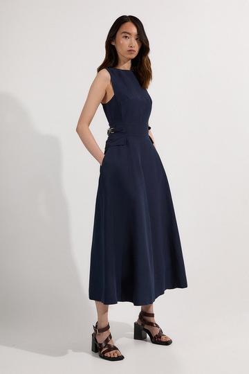 Navy Premium Linen Tab Waist Detail Full Skirt Tailored Midi Dress